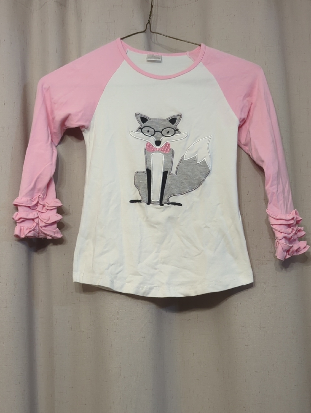 Girls Pink & White Fox Graphic Ruffle-Sleeve Top